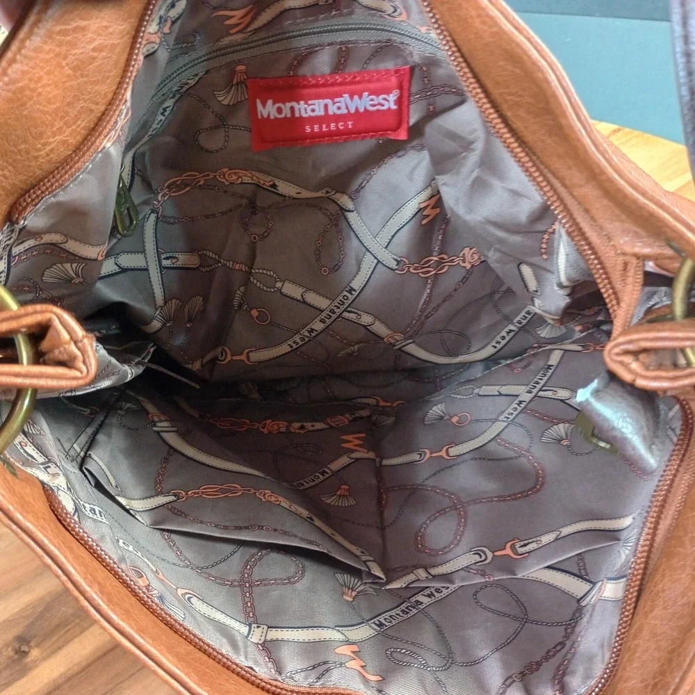 Montana West Brown‎ Two Tone Western Hobo Vegan Leather Tote Shoulder Bag Purse
